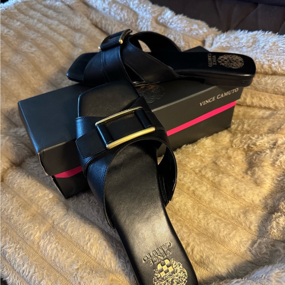 Vince Camuto Black Slide Sandals with Gold Buckle